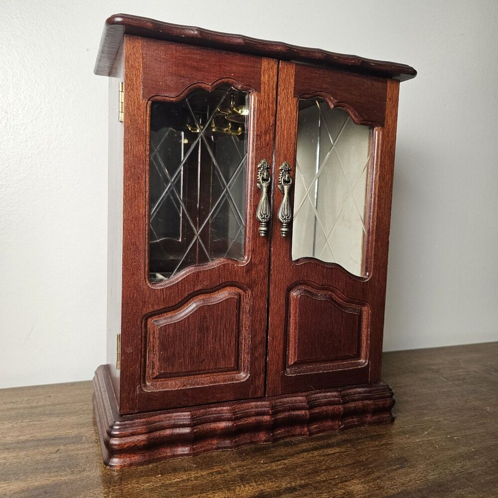 Vintage Wooden Jewelry Armoire with Glass Doors, Music Box, Necklace Carousel